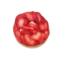 Bilde av en vegansk jordbærterte med vaniljekjrem og havrekjeks. 