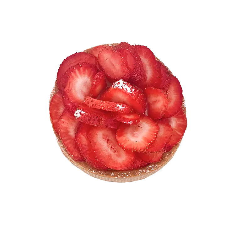 Bilde av en vegansk jordbærterte med vaniljekjrem og havrekjeks. 